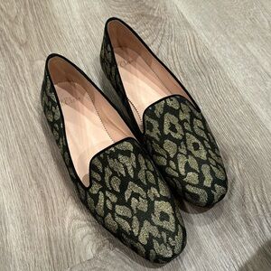 J Crew Metallic Black Leopard Print Smoking Loafers